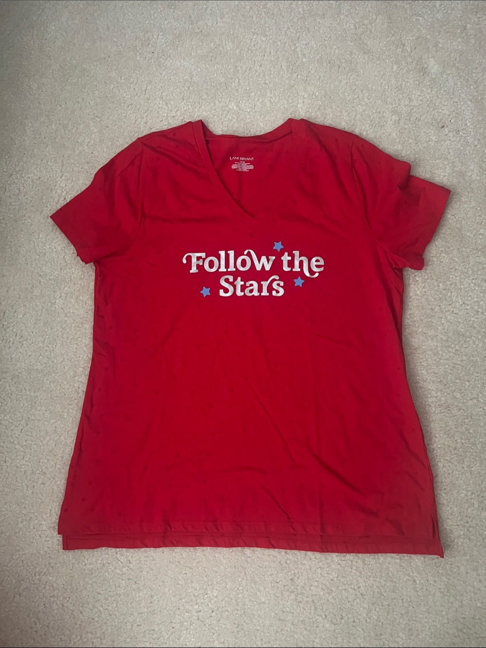 Lane Bryant Red V‑Neck Tee with White Text and Blue Stars